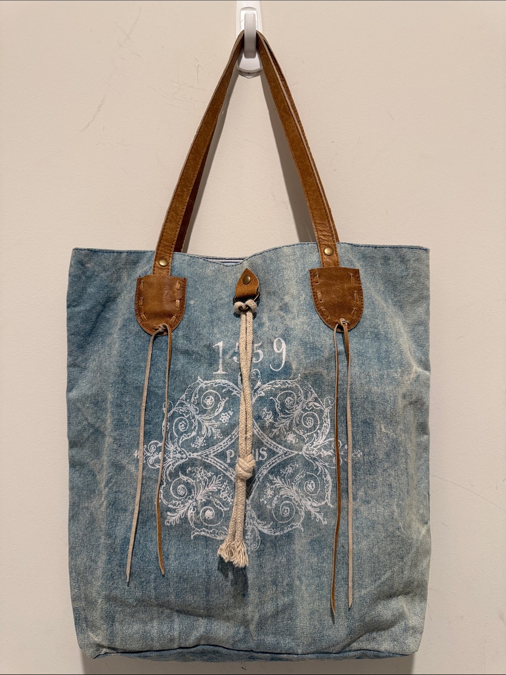 Denim Blue Tote with Brown Leather Handles and Tassel